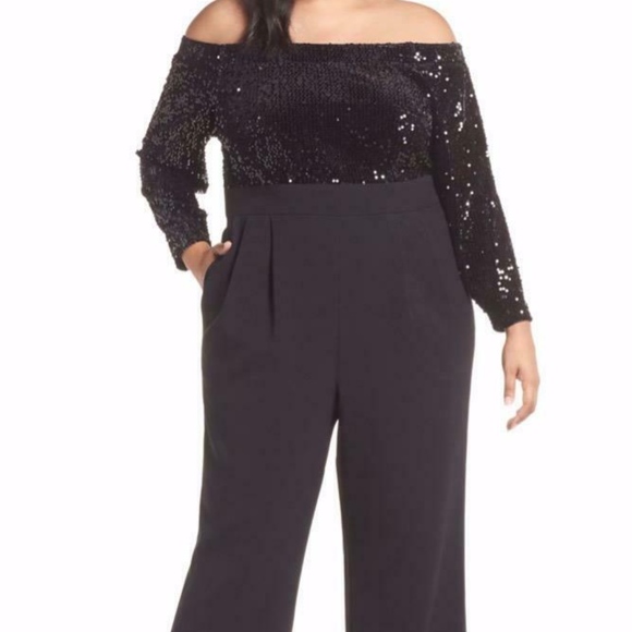 Eliza J Pants & Jumpsuits Eliza J Black Off Shoulder Sequin Velvet